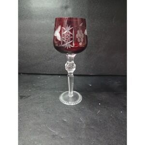 Bohemian Ruby Red Wine Goblet, Czech Cut to Clear Glass, Crystal Glassware, 8.5"